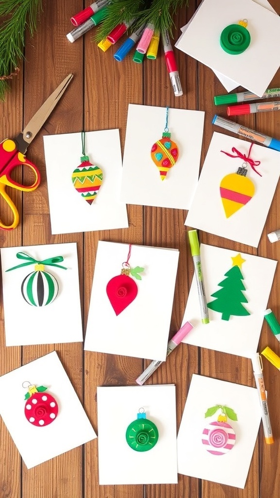 A collection of handmade Christmas cards with colorful paper ornaments on a wooden table.
